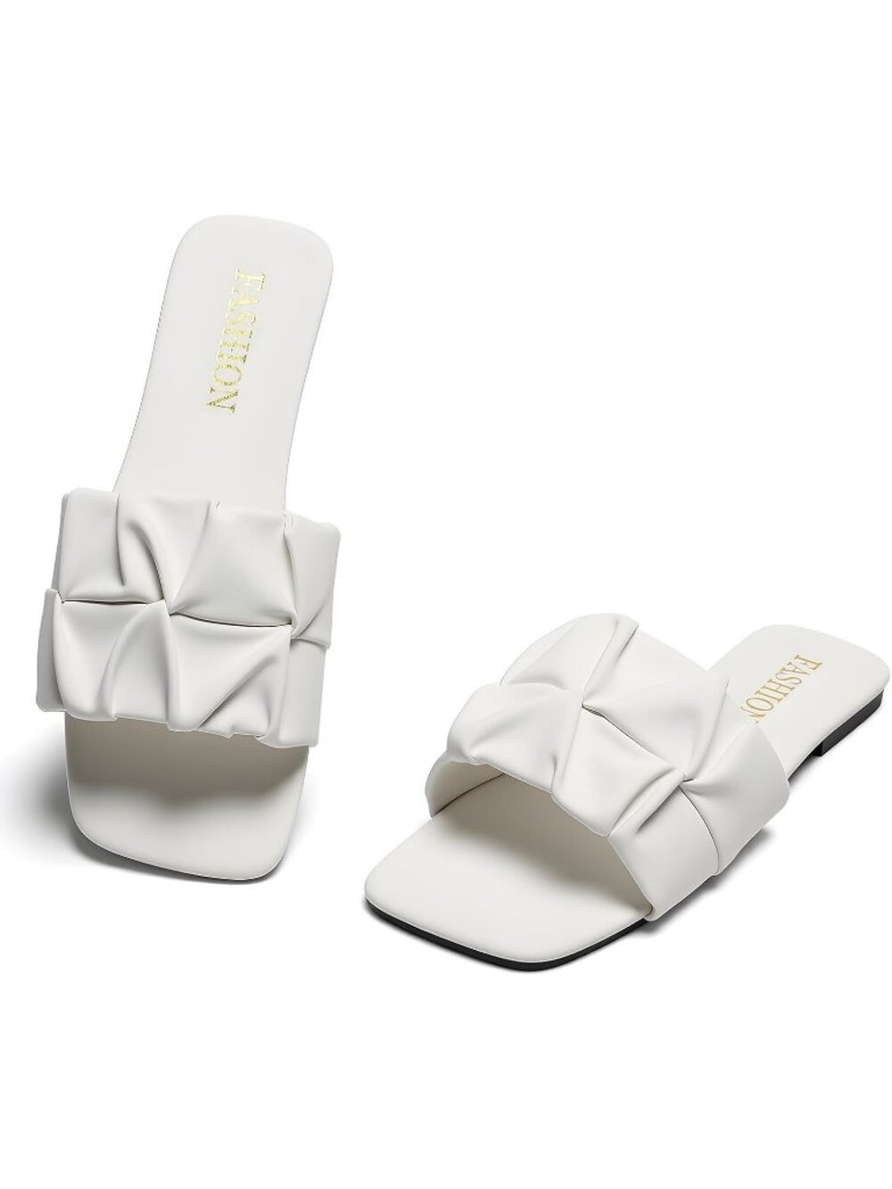 Women's White Gold Pleated Square Toe Slide Sandals Summer Wedding Flats Shoes